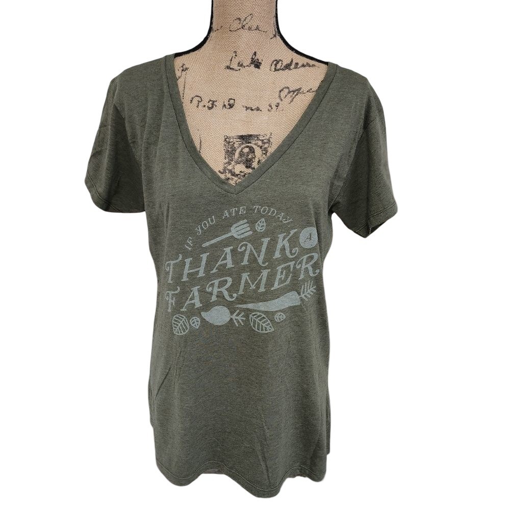 John Deere Womens Olive Green Thank A Farmer Graphic V-Neck T-Shirt 2XL NWT